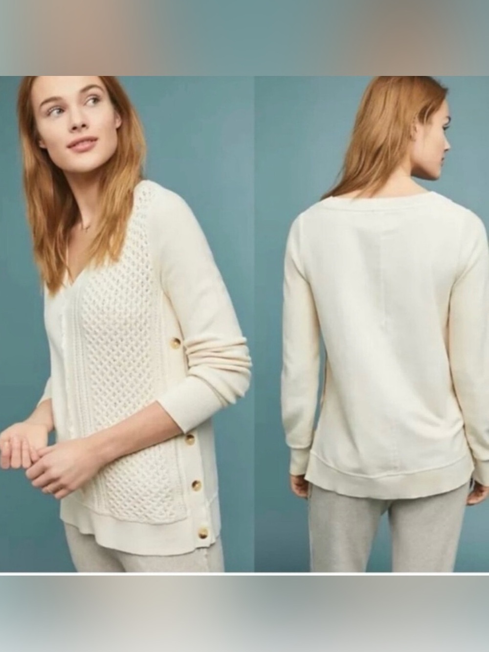Saturday Sunday Anthro Pullover Lightweight Sweater Cream Side Buttons Medium - Picture 2 of 8